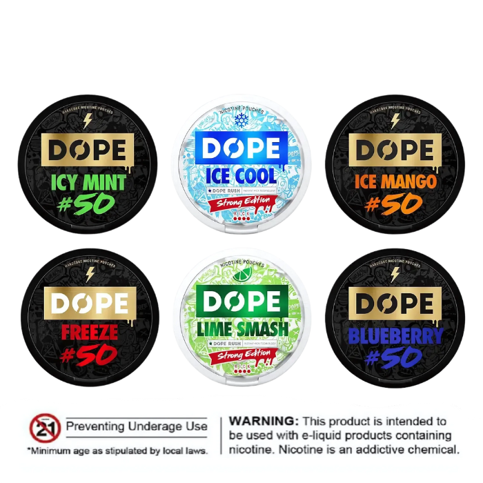 Variety of Dope Nicotine Pouches flavors displayed neatly