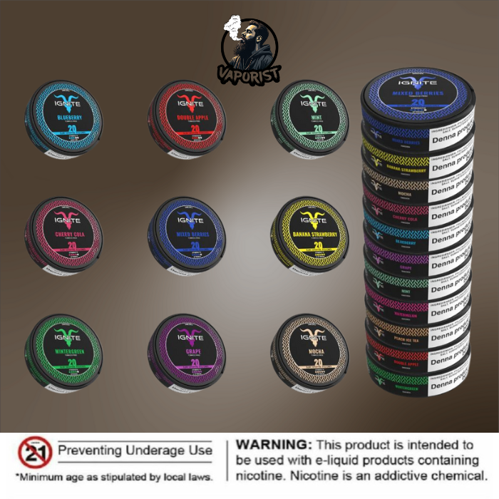 IGNITE Nicotine Pouches arranged by flavor on flat surface